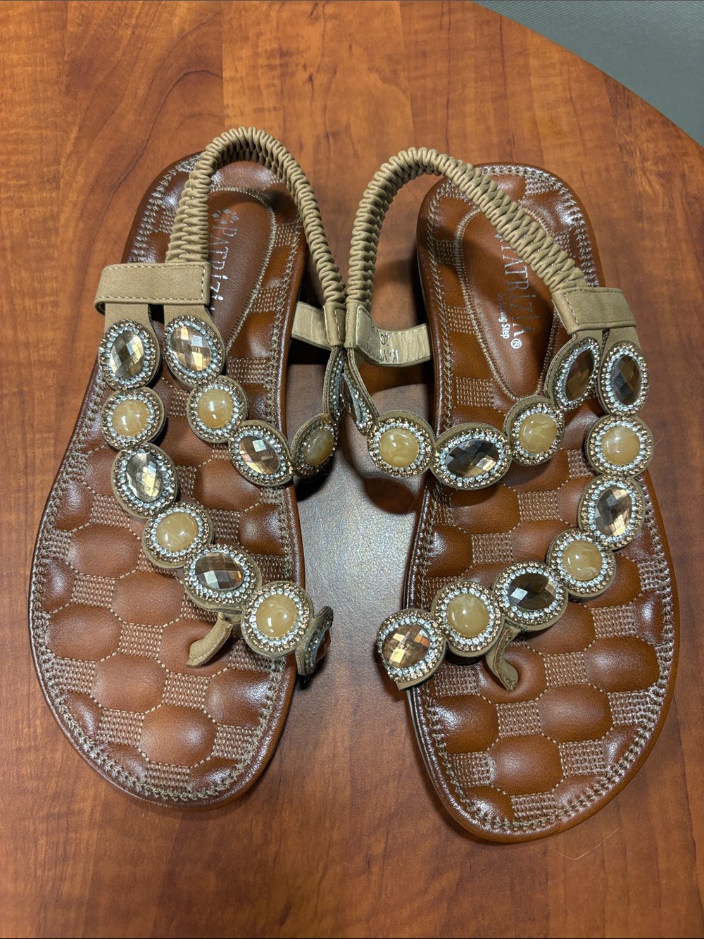 Embellished Brown T-Strap Sandals with Elastic Back - Women
